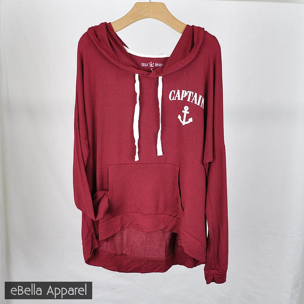 Captain Anchor - Women's Burgundy, High Low, Graphic Print Hoodie Sweatshirt - eBella Apparel