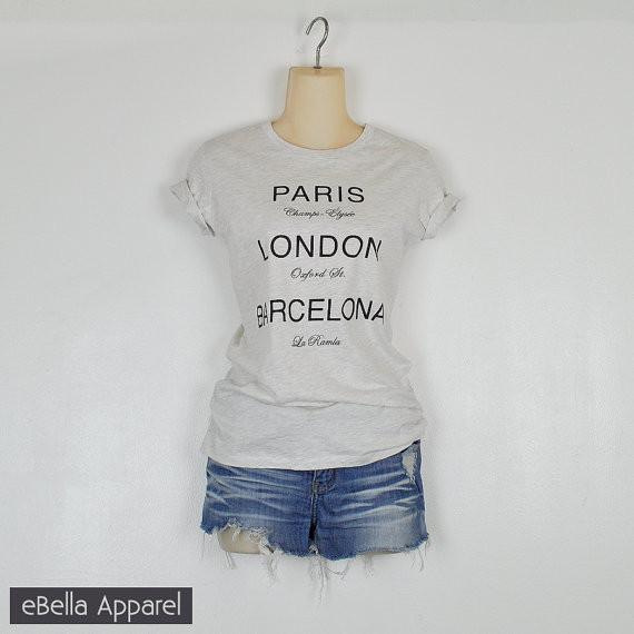 Paris London Barcelona - Women's Basic Oatmeal Short Sleeve, Graphic Print Tee - eBella Apparel