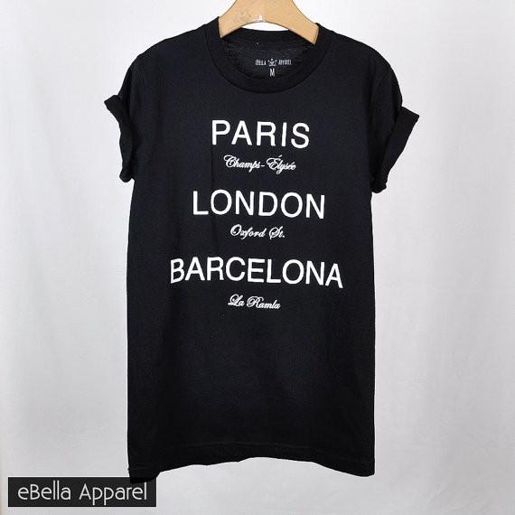 Paris London Barcelona - Women's Basic Black Short Sleeve, Graphic Print Tee - eBella Apparel