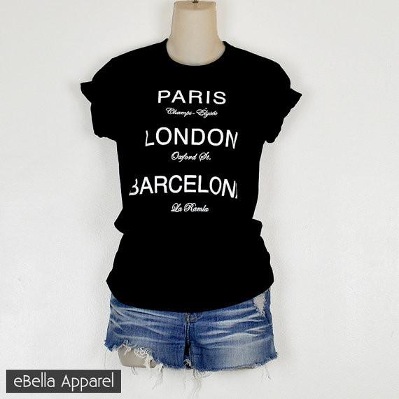 Paris London Barcelona - Women's Basic Black Short Sleeve, Graphic Print Tee - eBella Apparel